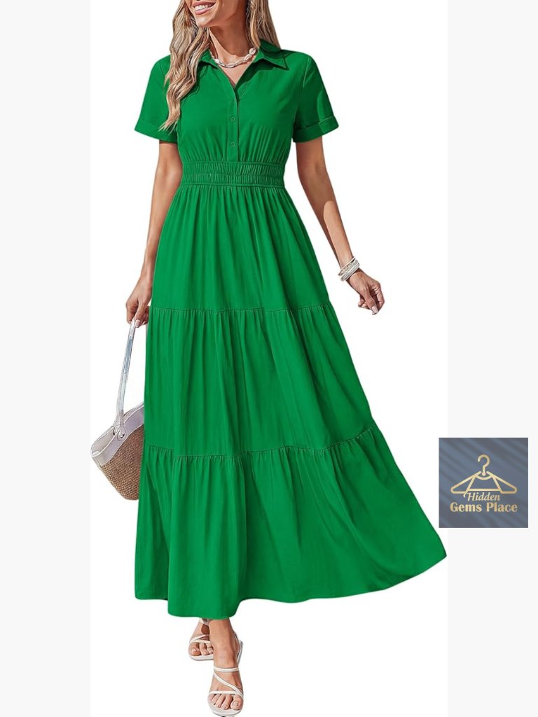 V-Neck Short Sleeve Maxi Dress, Relaxed Fit Rayon Blend, Wedding Guest Beach
